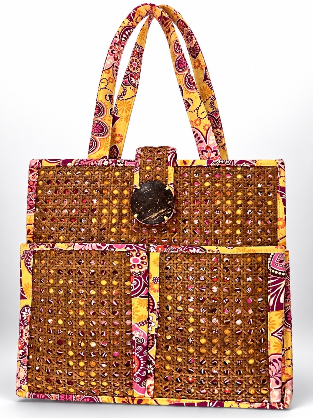 Vera Bradley Woven Straw Rattan Tote Bag Floral Boho Summer Beach Market 🌿